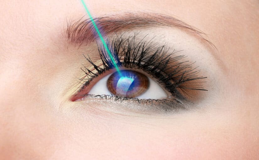 Woman's eye, with a bright line of laser light positioned on it