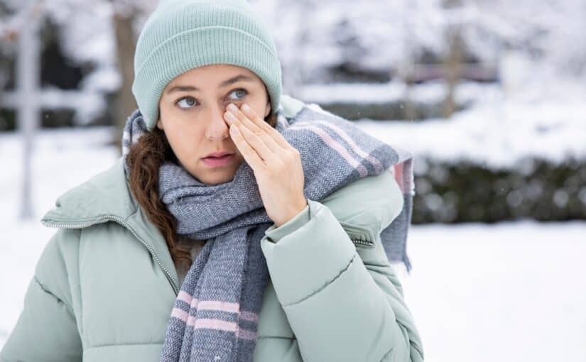 Young woman, wearing winter clothing, rubs her dry eyes during snowy weather